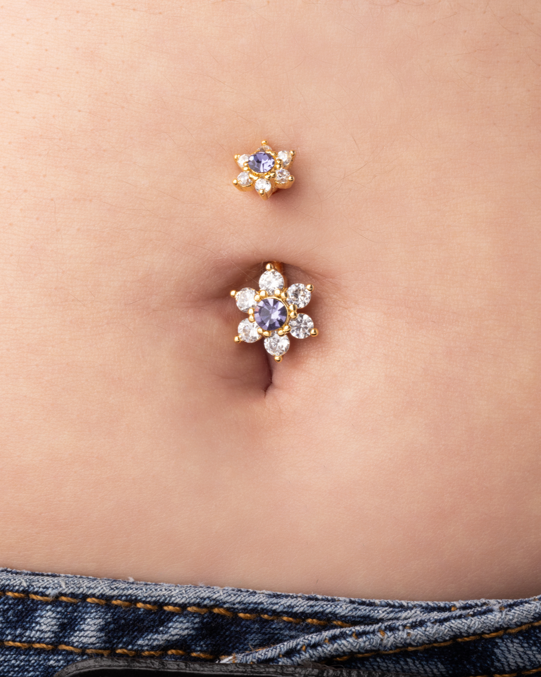 CZ Crystal Double Purple Flower Belly Button Ring - Gold Plated 316L Stainless Steel