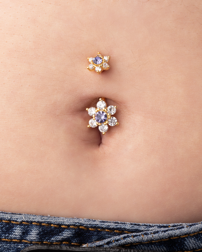 CZ Crystal Double Purple Flower Belly Button Ring - Gold Plated 316L Stainless Steel