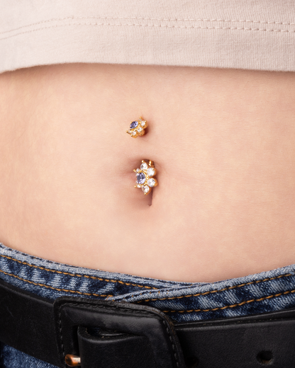 CZ Crystal Double Purple Flower Belly Button Ring - Gold Plated 316L Stainless Steel