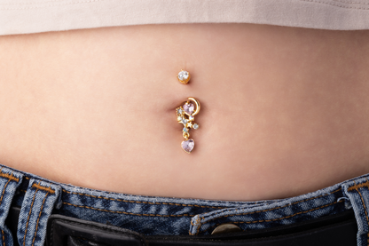 CZ Crystal Moon Stars and Heart Dangling Belly Button Ring - Gold Plated 316L Stainless Steel