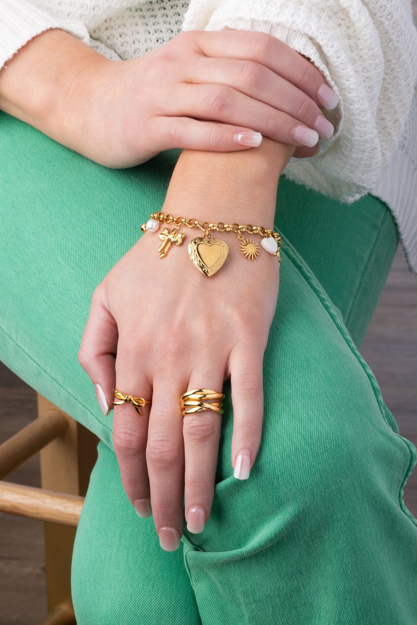 Heart and Bow Charm Bracelet - Gold Plated Stainless Steel