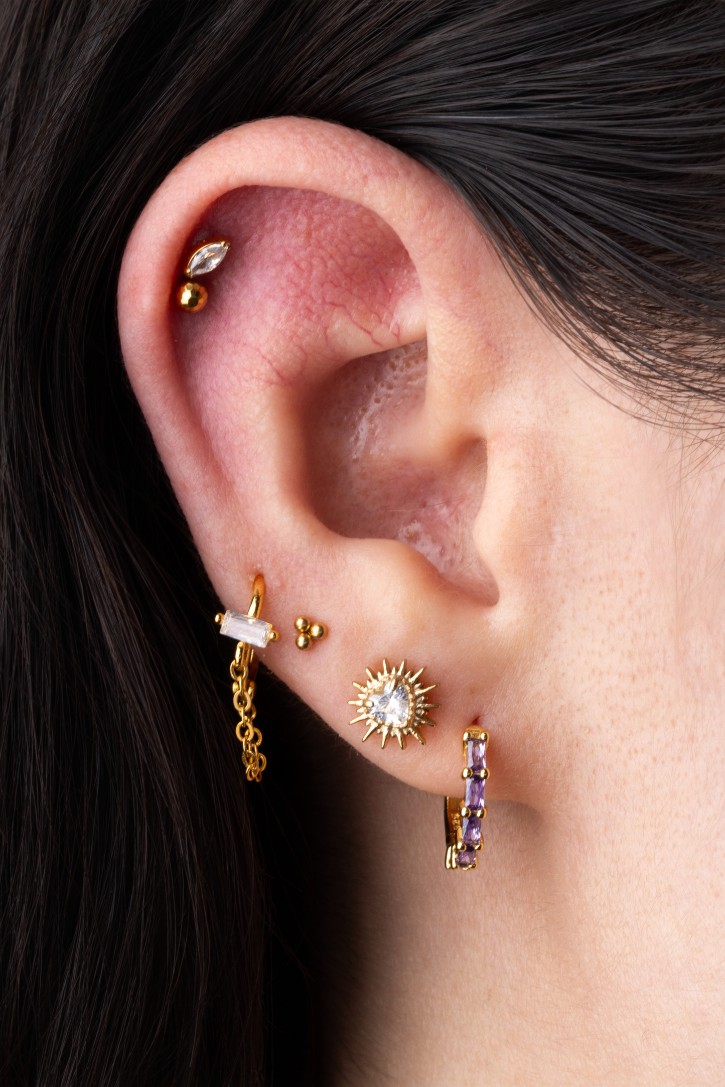 Zircon Crystal with Dangling Chain Hoop Earrings - Pair - Gold Plated 925 Sterling Silver