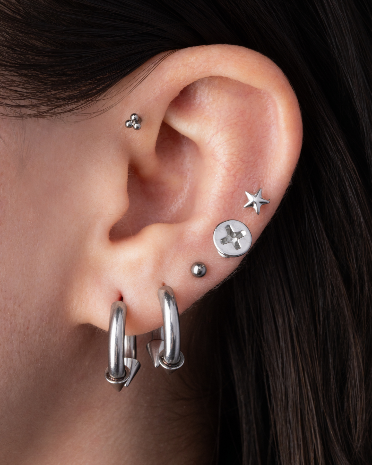 Faux Stretched 8GA Spike Ends Horseshoe Barbell Earrings - Pair - 316L Stainless Steel
