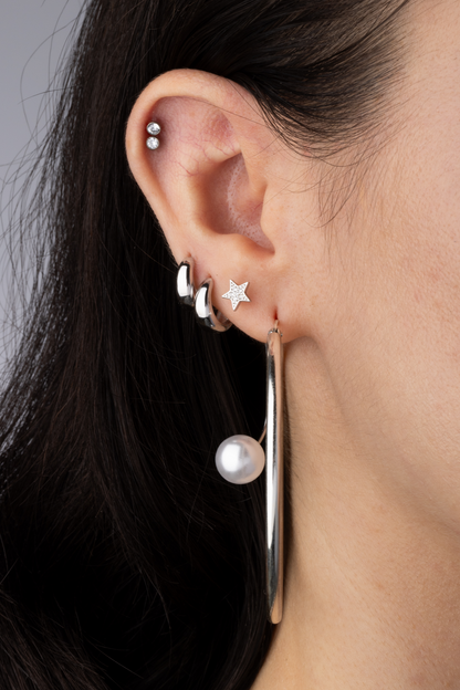 CZ Crystal Paved Star and and Simualted Pearl Earrings - Pair - Rhodium Plated 925 Sterling Silver