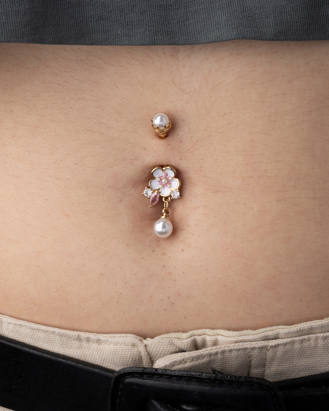 Pink Flower with Faux Pearl Accents Belly Button Ring - Gold Plated 316L Stainless Steel