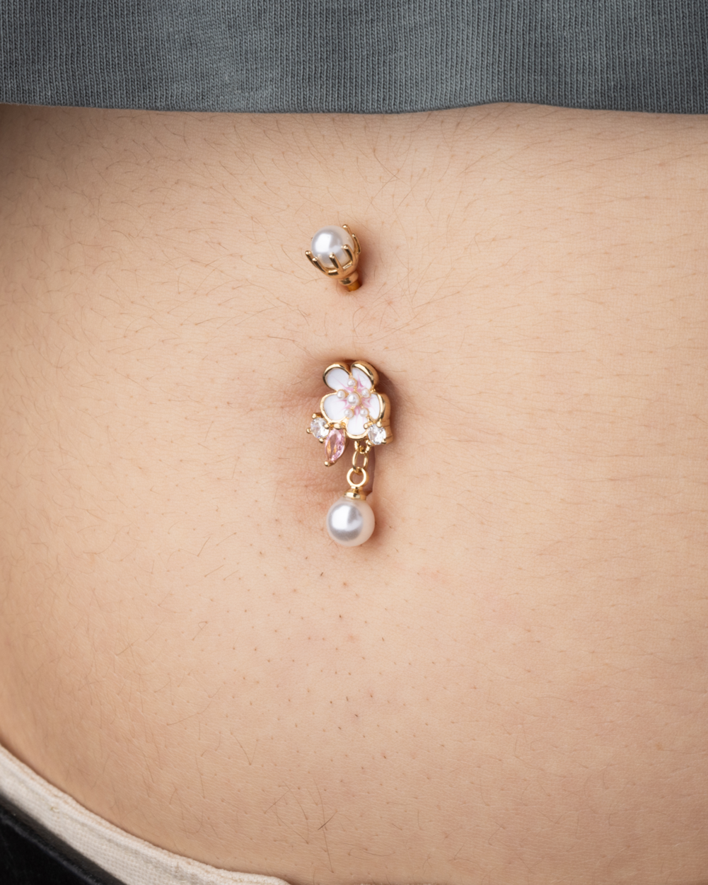 Pink Flower with Faux Pearl Accents Belly Button Ring - Gold Plated 316L Stainless Steel