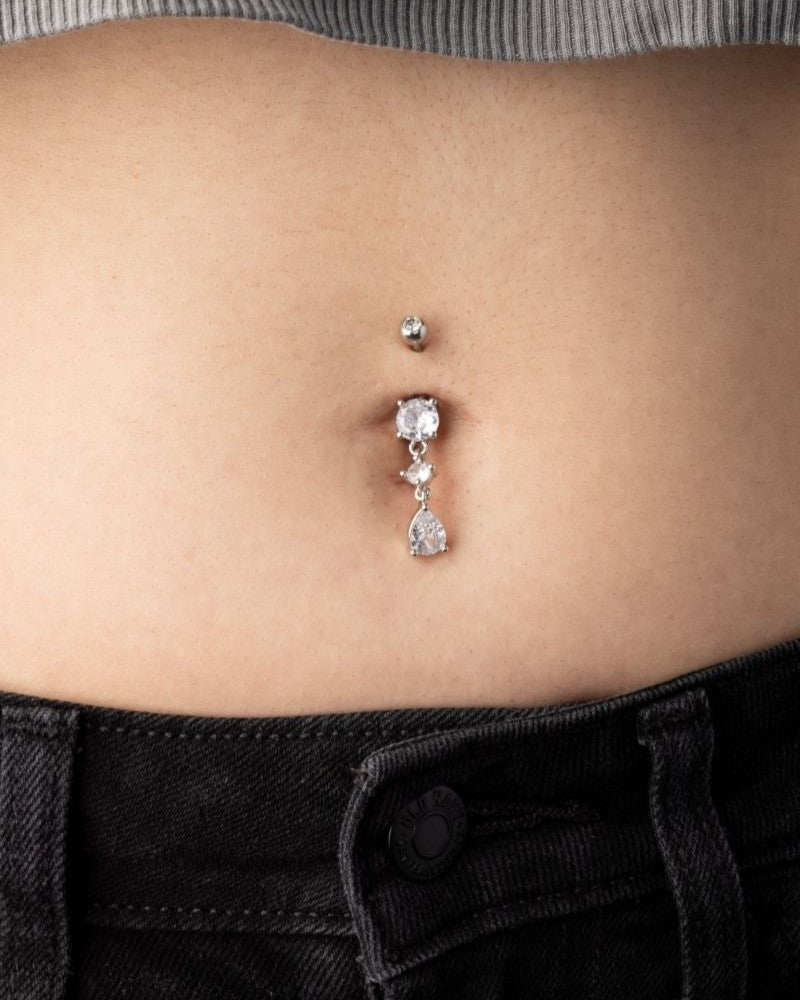 CZ Crystal Tear Drop Dangling Belly Button Ring - 316L Stainless Steel
