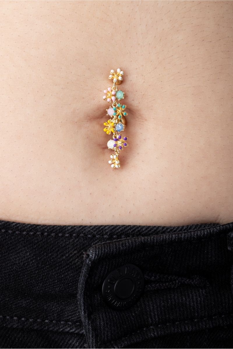 Dangling Flowers with Opalite Crystals Top Down Belly Button Ring - 316L Stainless Steel