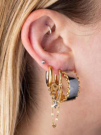 Double Layer Chain Huggie Hoop Earrings - Pair - 18K Gold Plated 304 Stainless Steel