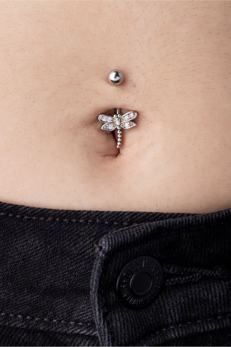 CZ Crystal Dragonfly Belly Button Ring - 316L Stainless Steel