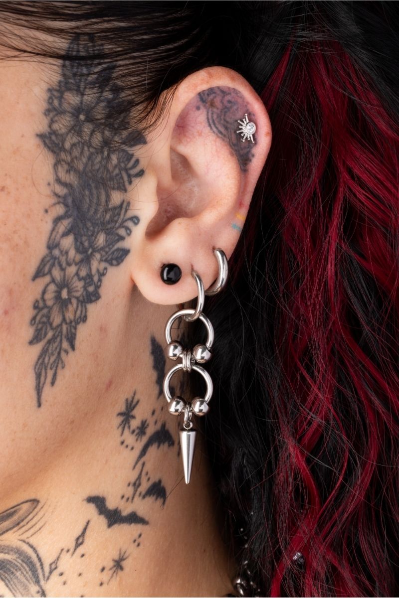 Double Ball Hoop with Spike Dangling Hoop Earrings - Pair - Stainless Steel