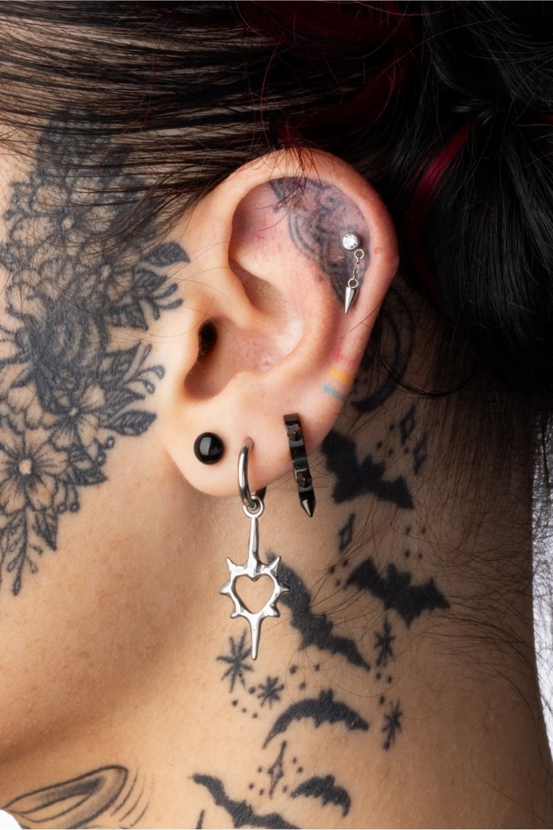 Spiked Heart Dangling Huggie Hoop Earrings - Pair - 316L Stainless Steel