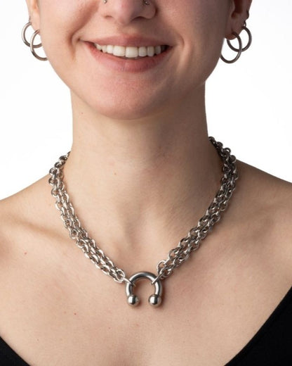 Horseshoe Barbell Chain Necklace - Stainless Steel