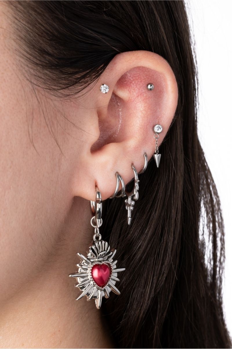 Gothic Heart Dangling Spiked Hoop Earrings - Pair - 316L Stainless Steel