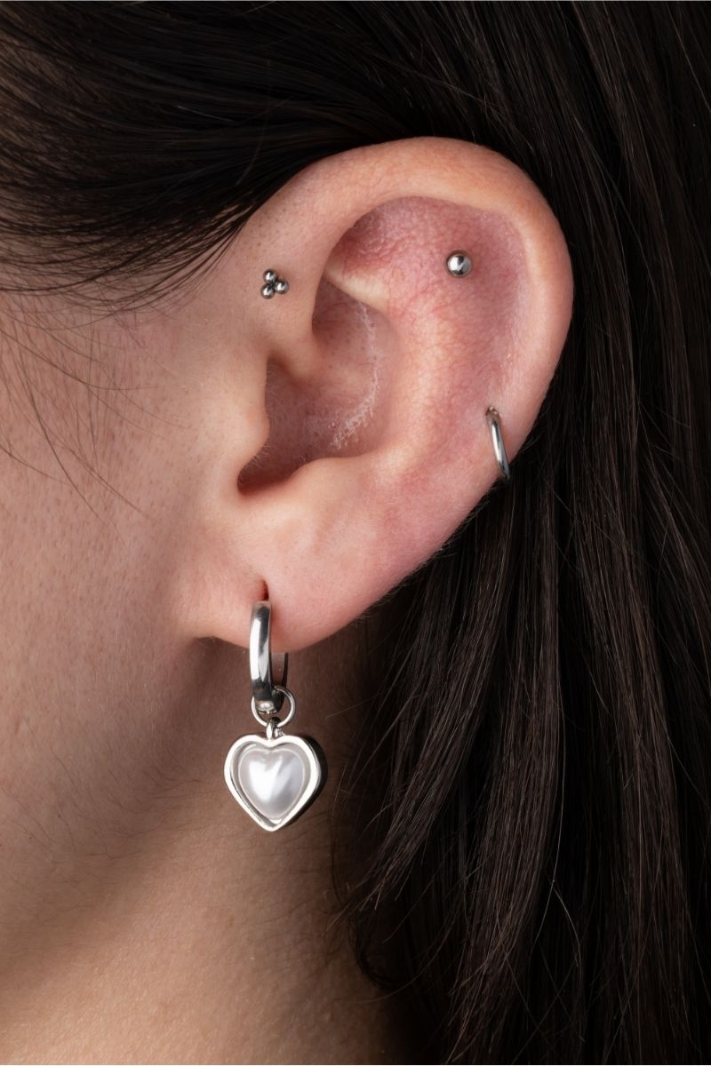 Simulated Pearl Heart Dangling Hoop Earrings - Pair - 316L Stainless Steel
