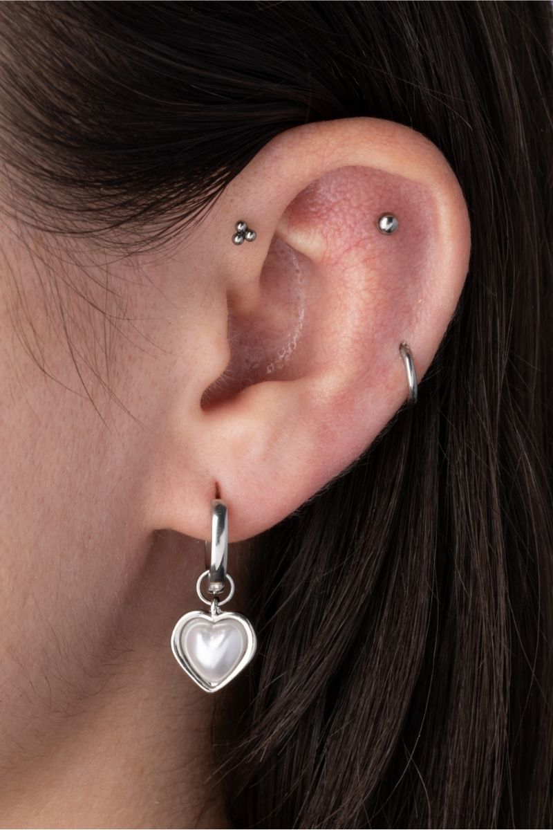 Simulated Pearl Heart Dangling Hoop Earrings - Pair - 316L Stainless Steel