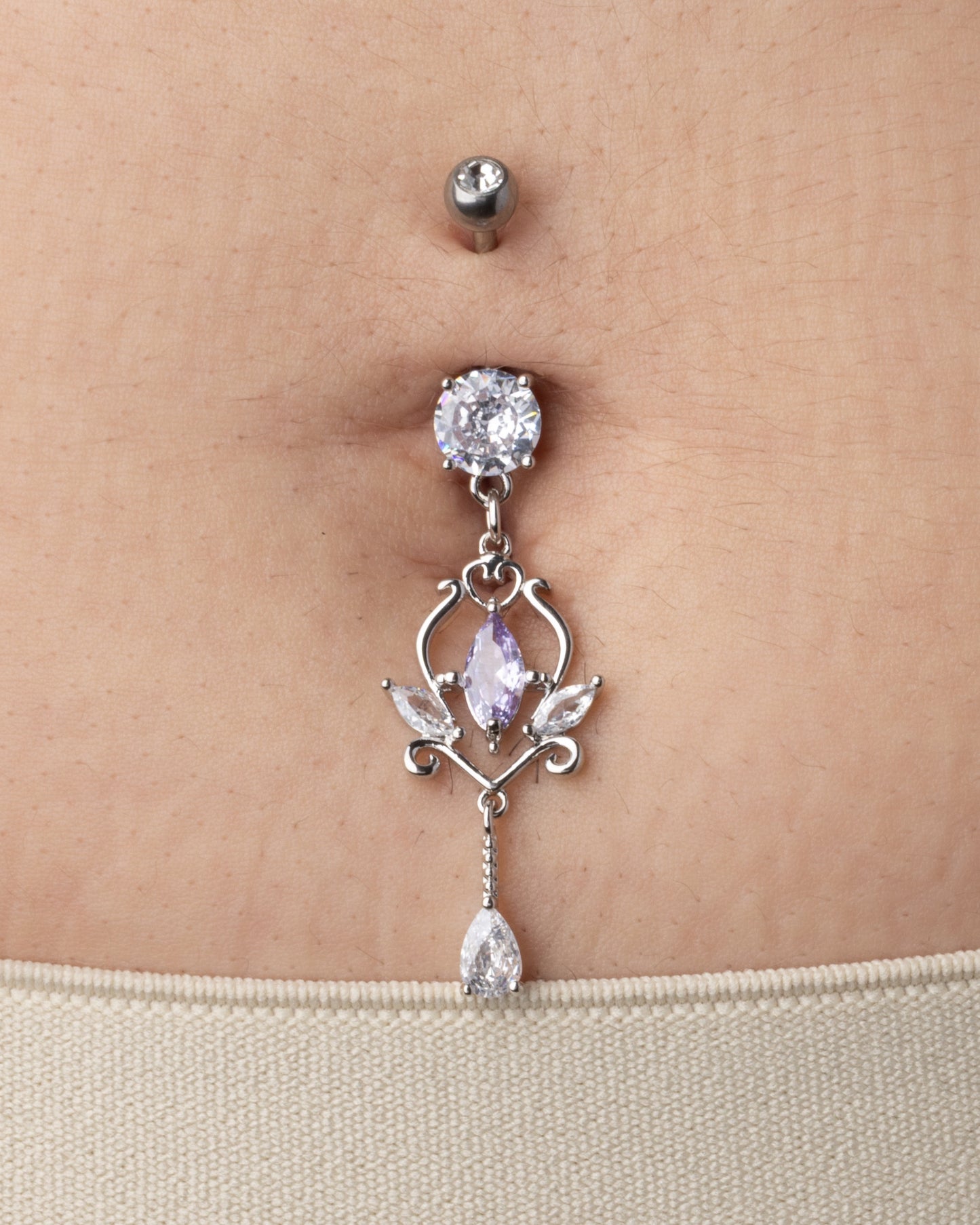 CZ Crystal Floral Marquise Dangling Belly Button Ring - 316L Stainless Steel