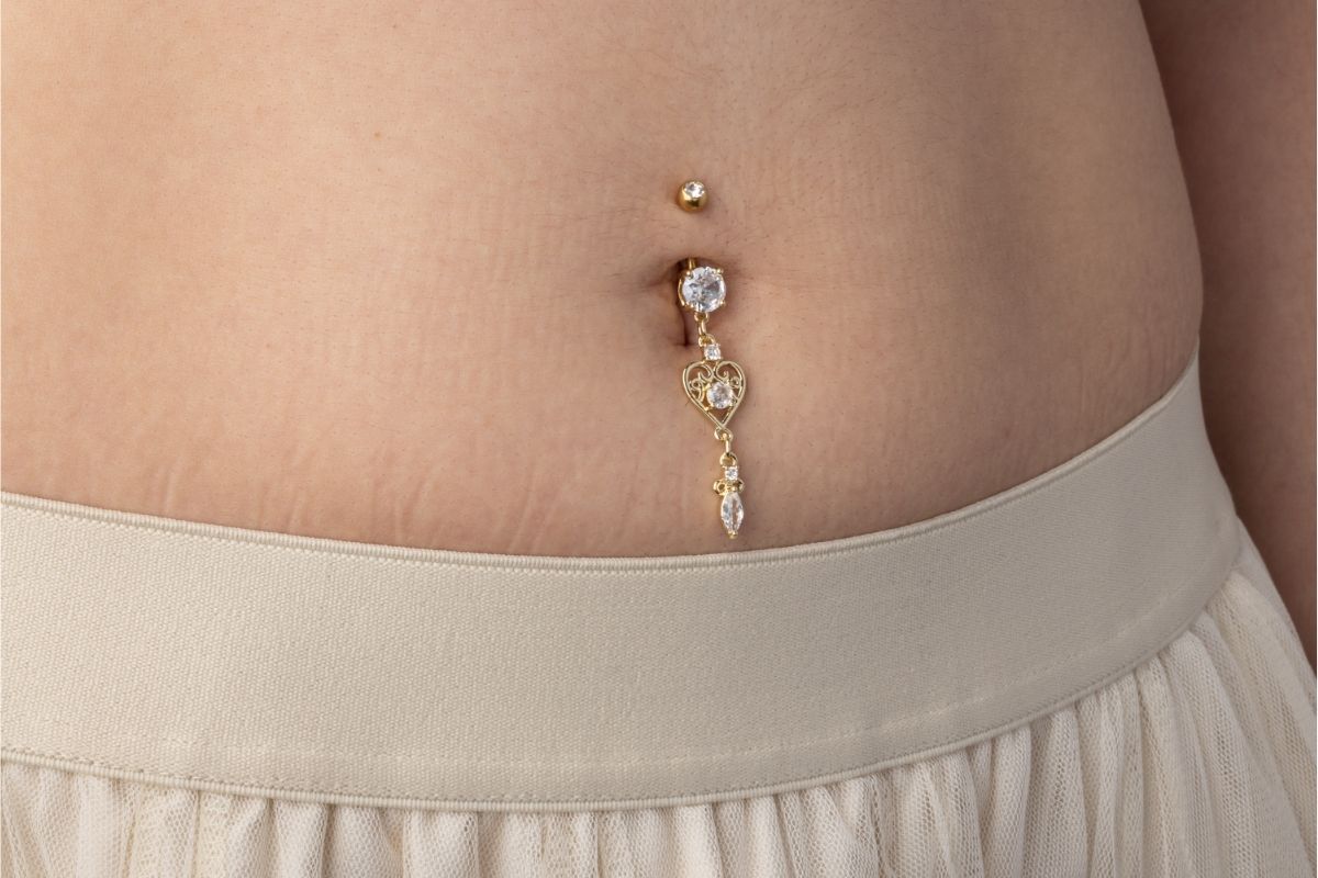 CZ Dangling Filigree Heart Belly Button Ring - 316L Stainless Steel