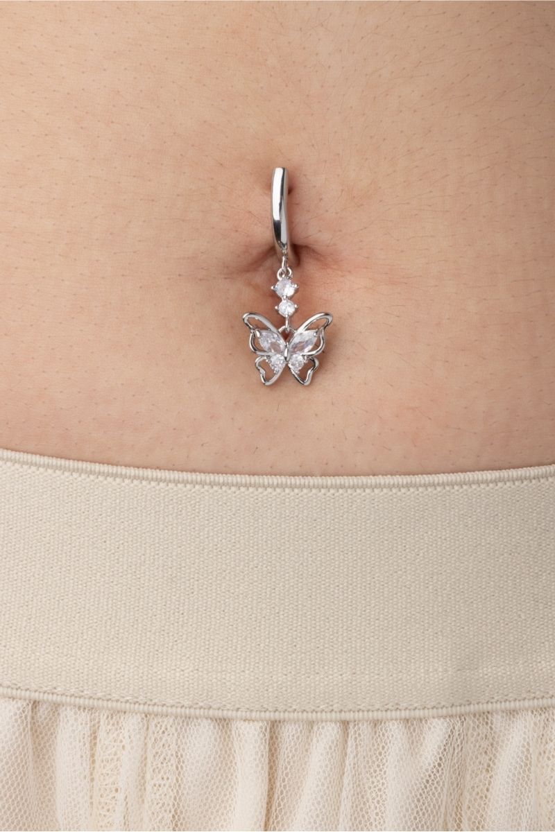 CZ Butterfly Hinged Curved Bar Belly Button Ring - 316L Stainless Steel