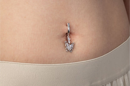 CZ Butterfly Hinged Curved Bar Belly Button Ring - 316L Stainless Steel