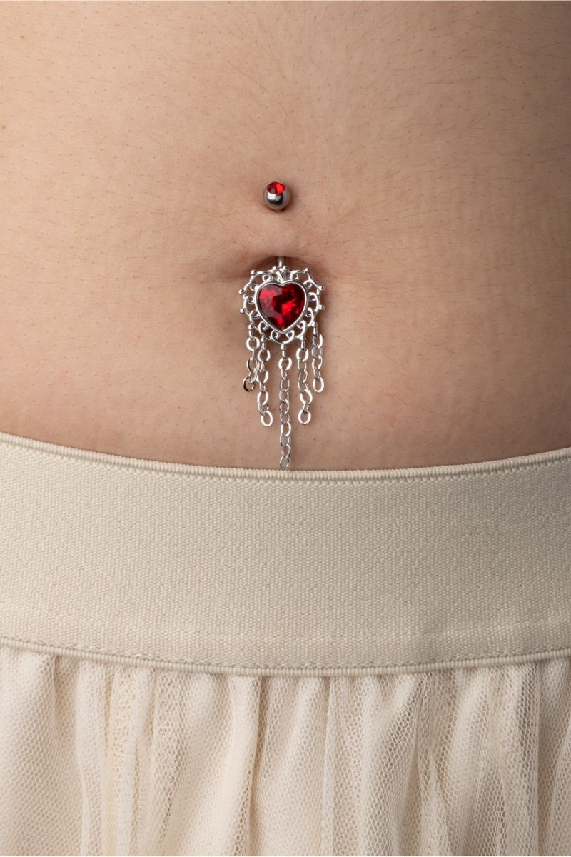 Red CZ Heart Dangling Chains Belly Button Ring - 316L Stainless Steel