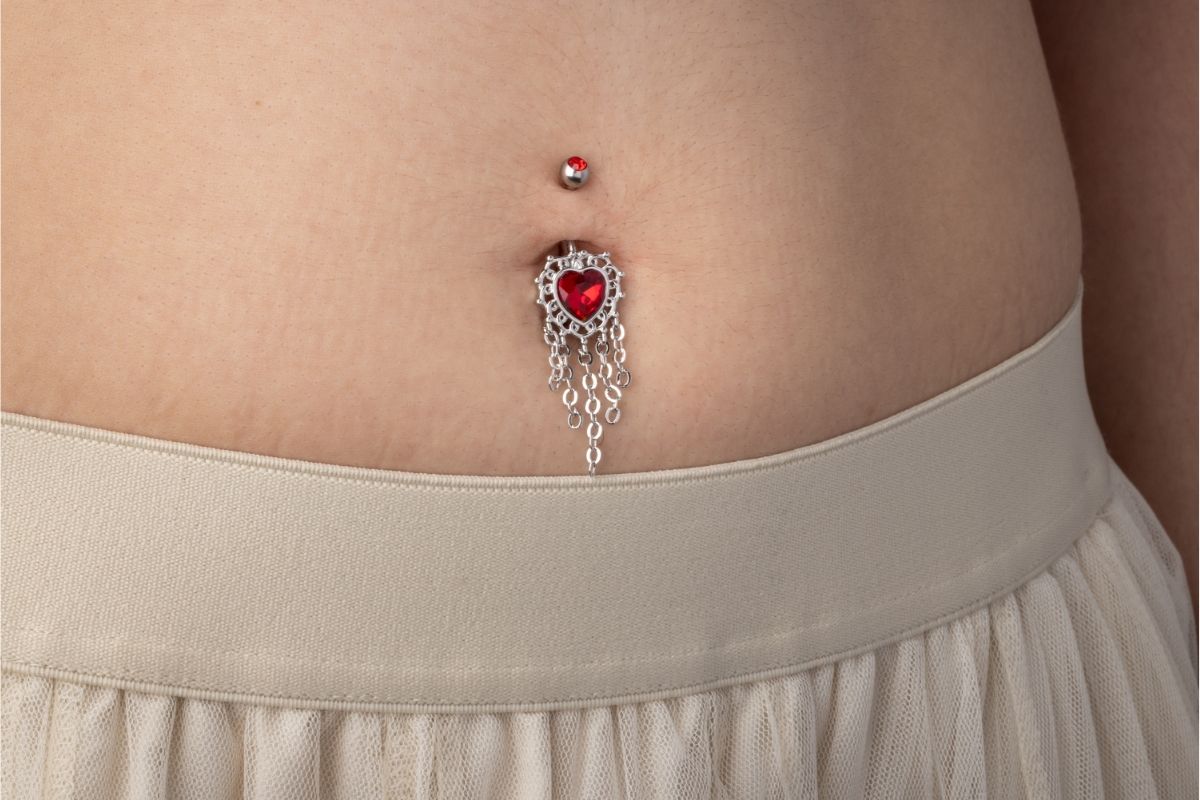 Red CZ Heart Dangling Chains Belly Button Ring - 316L Stainless Steel