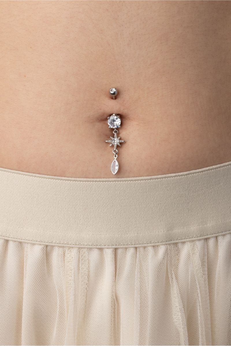 CZ Dangling Starburst Marquise Belly Button Ring - 316L Stainless Steel