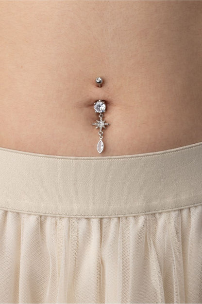 CZ Dangling Starburst Marquise Belly Button Ring - 316L Stainless Steel
