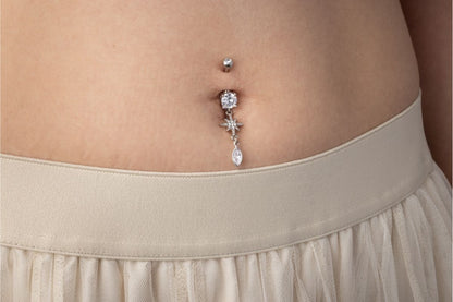 CZ Dangling Starburst Marquise Belly Button Ring - 316L Stainless Steel