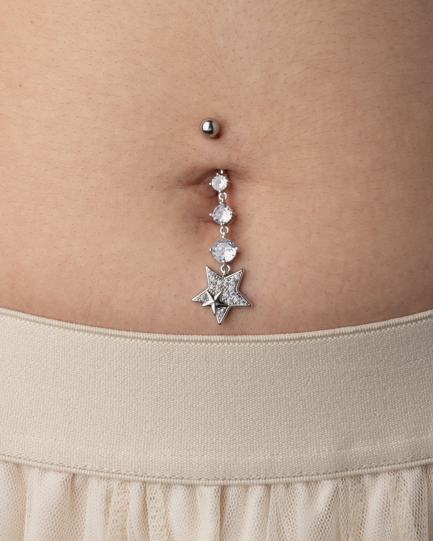 Triple CZ Crystal and Star Dangling Belly Button Ring - 316L Stainless Steel