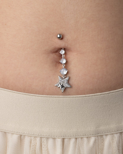 Triple CZ Crystal and Star Dangling Belly Button Ring - 316L Stainless Steel