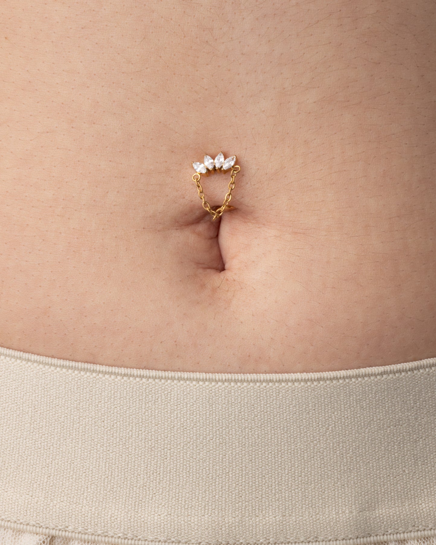 Threadless Push-In CZ Crystal Marquise Fan with Dangling Chain Floating Belly Button Ring - ASTM F-136 Implant Grade Titanium