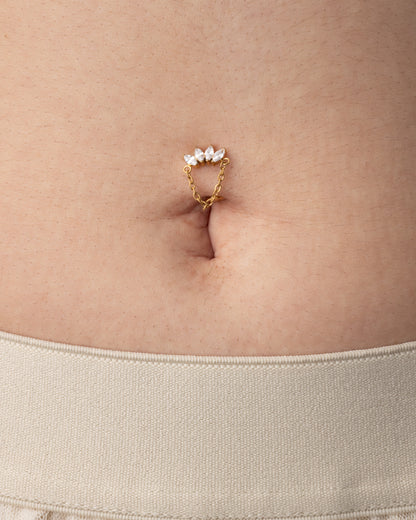 Threadless Push-In CZ Crystal Marquise Fan with Dangling Chain Floating Belly Button Ring - ASTM F-136 Implant Grade Titanium