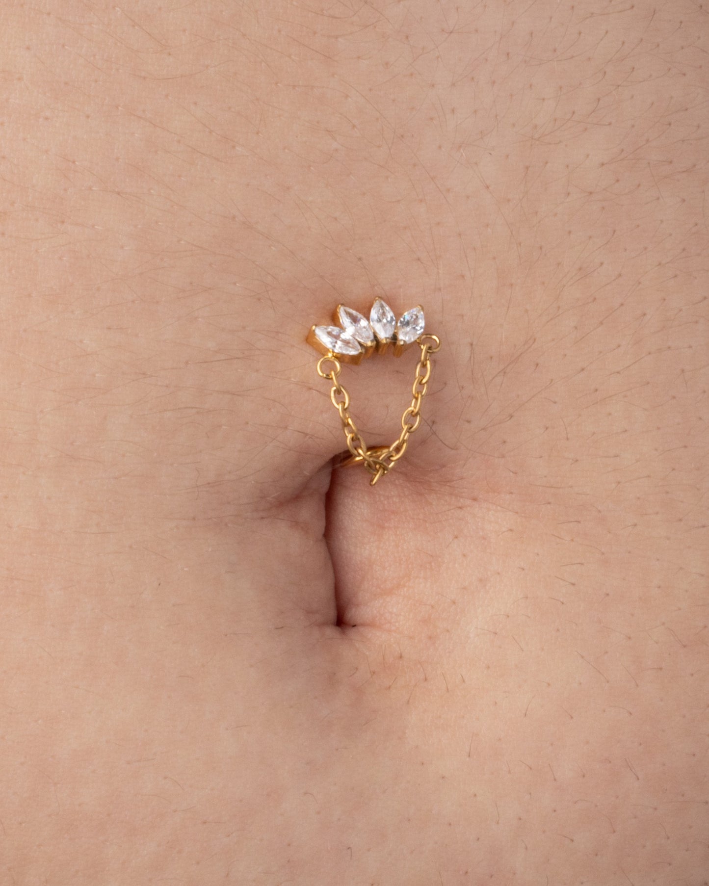 Threadless Push-In CZ Crystal Marquise Fan with Dangling Chain Floating Belly Button Ring - ASTM F-136 Implant Grade Titanium