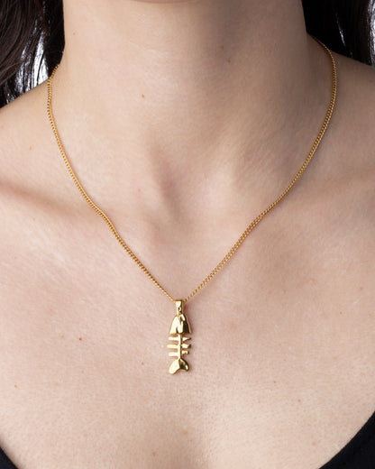 Fishbone Pendant Necklace - 18K Gold PVD Plated Stainless Steel