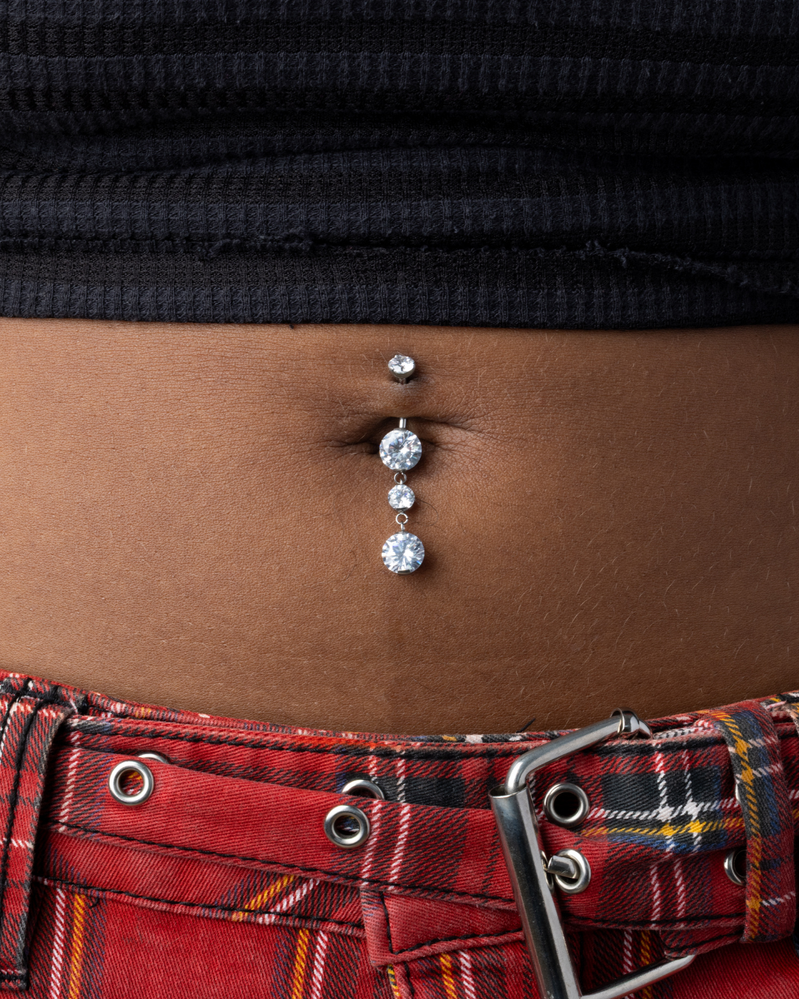 Internally Threaded Double Prong CZ Crystal with Two Round CZ Crystals Dangling Belly Button Ring - ASTM F-136 Implant Grade Titanium