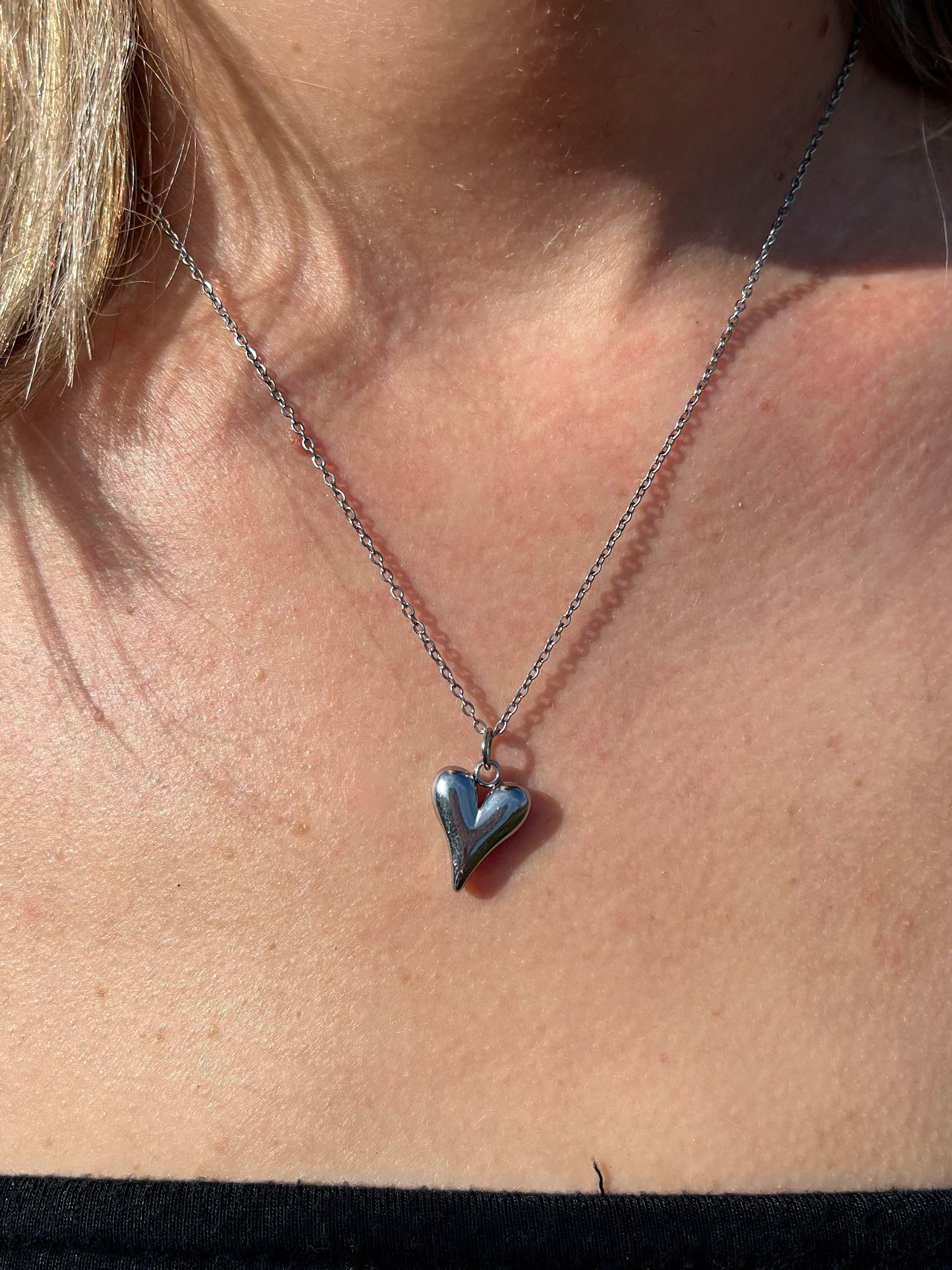 Puffy Heart Pendant Necklace - Stainless Steel