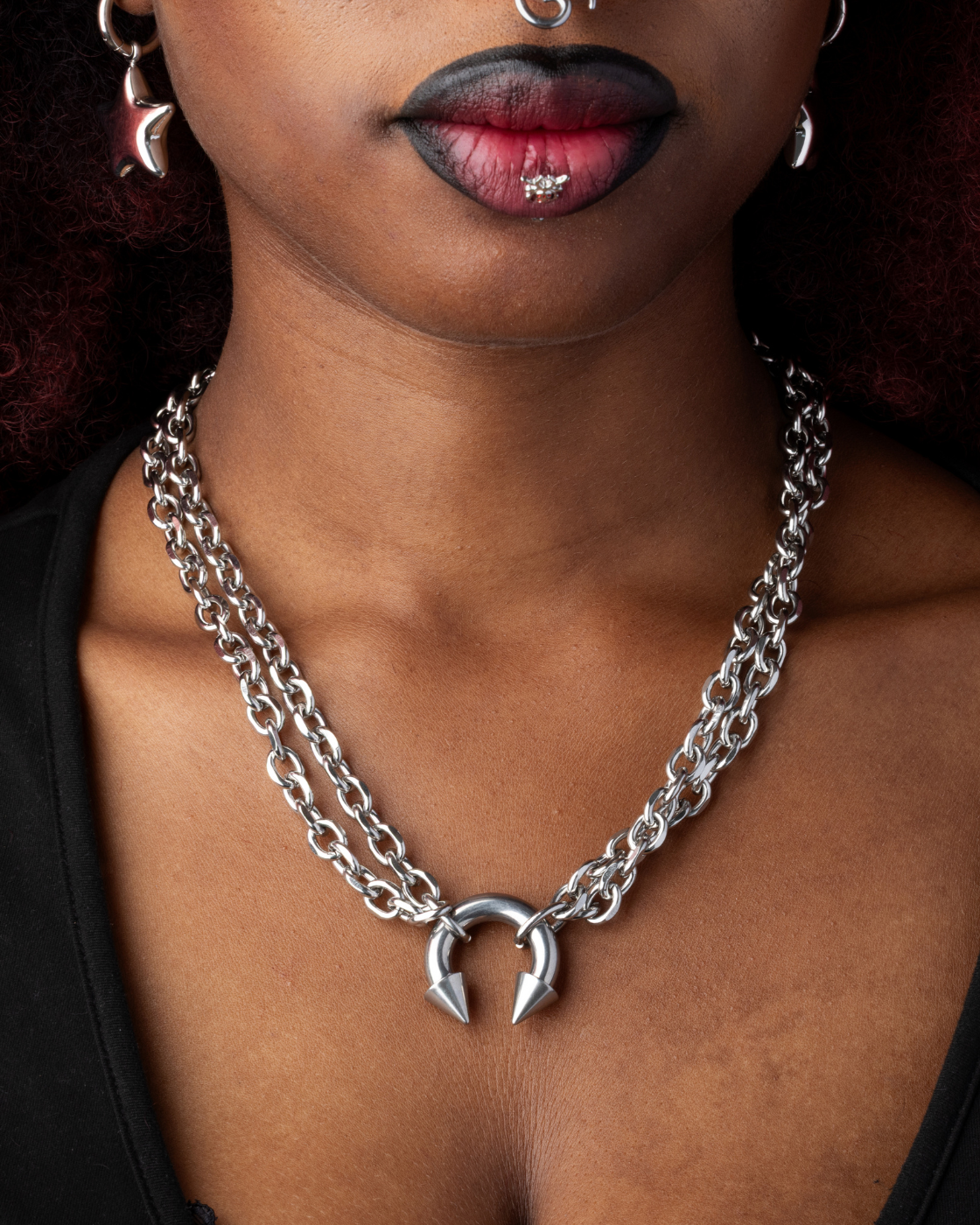 Spiked Horseshoe Barbell Chain Necklace - Stainless Steel
