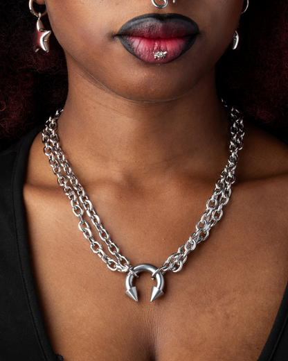 Spiked Horseshoe Barbell Chain Necklace - Stainless Steel