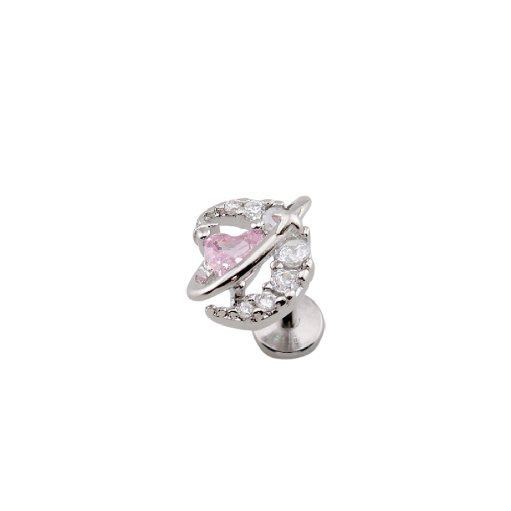 Threadless Push In Pink CZ Crystal Heart Planet Flat Back Stud - 316L Stainless Steel