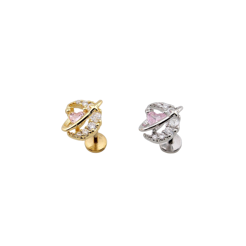 Threadless Push In Pink CZ Crystal Heart Planet Flat Back Stud - 316L Stainless Steel