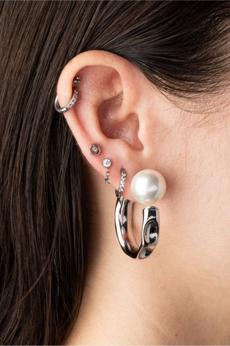 C-Shaped Simulated Pearl Ball End Hammered Hoop Earrings - Pair - 304 Stainless Steel