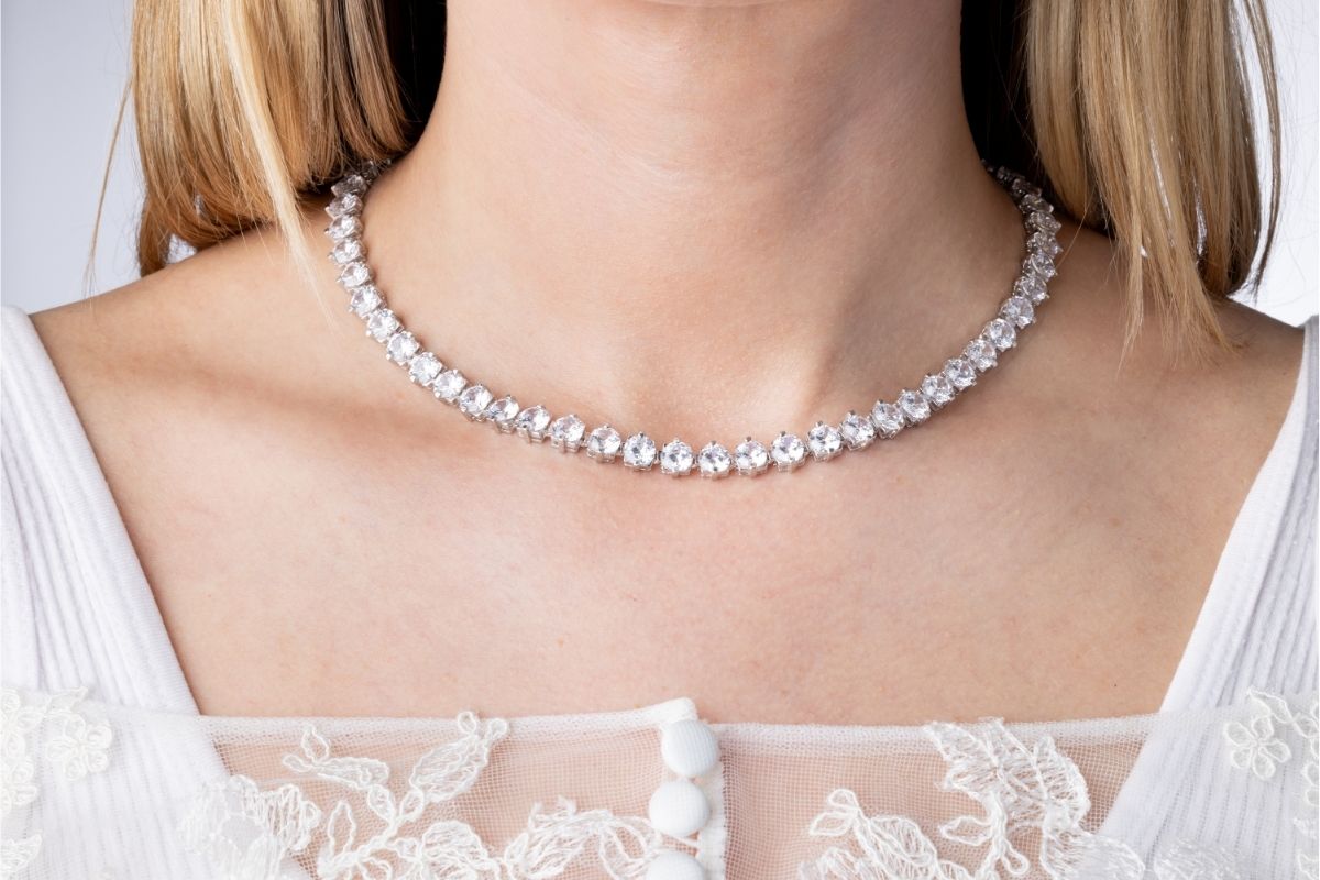 CZ Crystal Tennis Necklace - Rhodium Plated 925 Sterling Silver