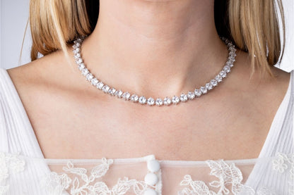 CZ Crystal Tennis Necklace - Rhodium Plated 925 Sterling Silver