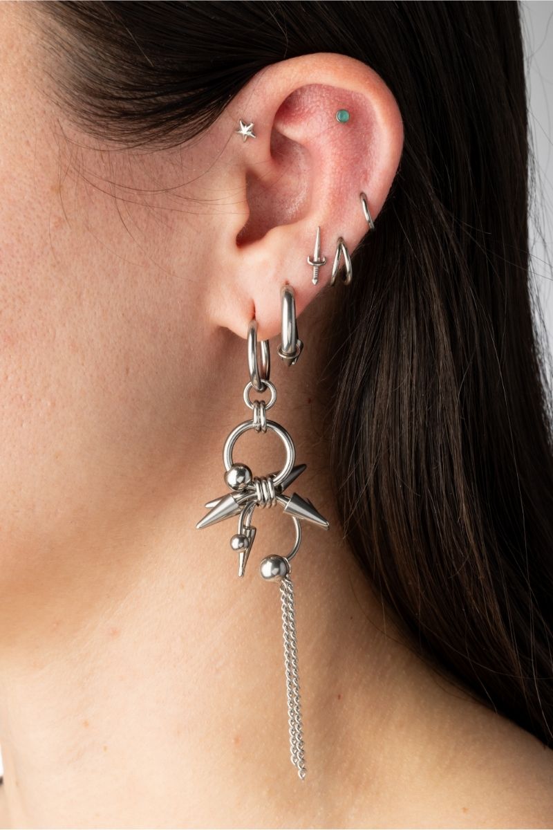 Spike Cluster with Horseshoe Barbell and Dangling Chain Hoop Earrings - Pair - Stainless Steel