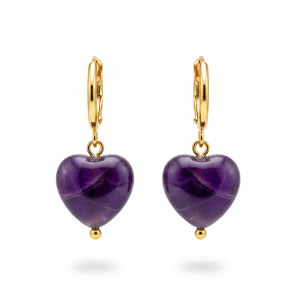 Dangling Natural Stone Heart Hoop Earrings - Pair - Stainless Steel