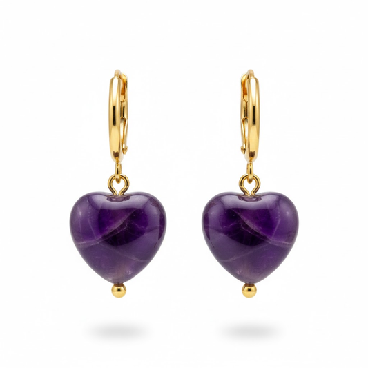 Dangling Natural Stone Heart Hoop Earrings - Pair - Stainless Steel
