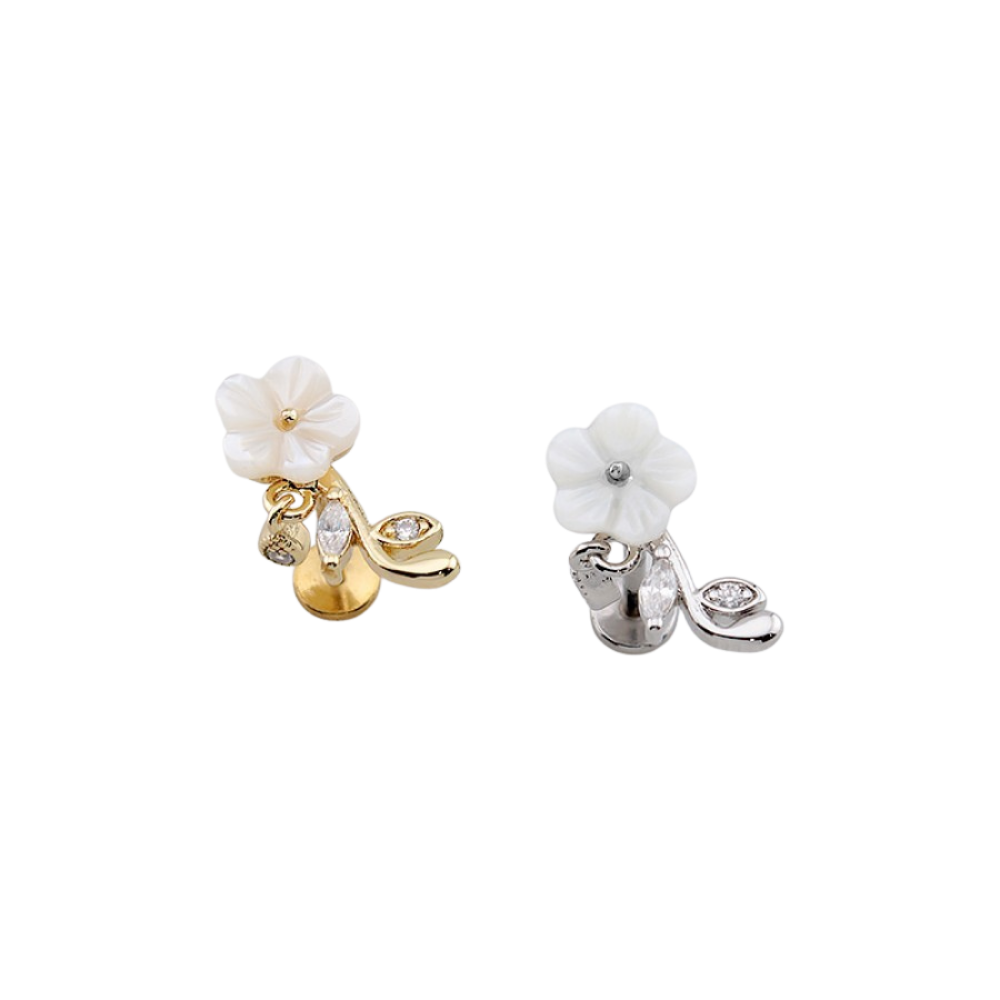 Threadless Push In CZ Crystal White Flower Flat Back Stud - 316L Stainless Steel