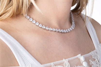 CZ Crystal Tennis Necklace - Rhodium Plated 925 Sterling Silver