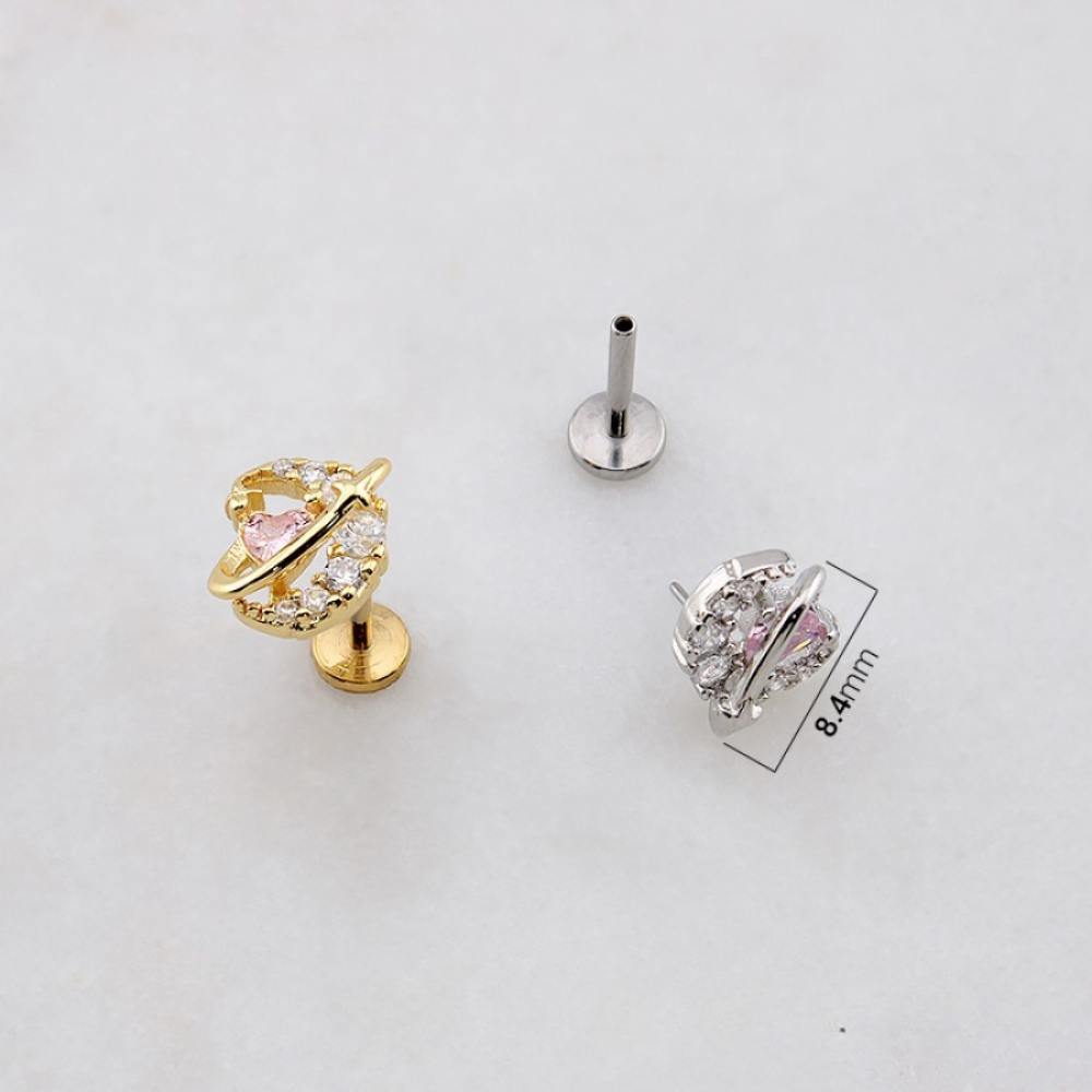 Threadless Push In Pink CZ Crystal Heart Planet Flat Back Stud - 316L Stainless Steel